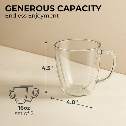 16 oz Double-Wall Borosilicate Glass Mugs – Set of 2