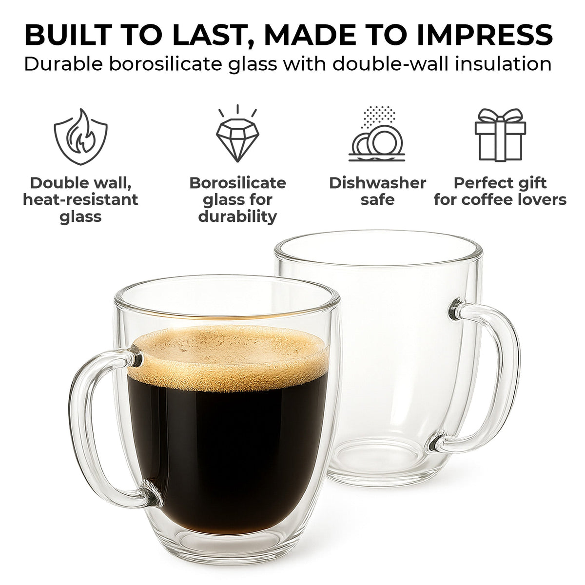 16 oz Double-Wall Borosilicate Glass Mugs – Set of 2