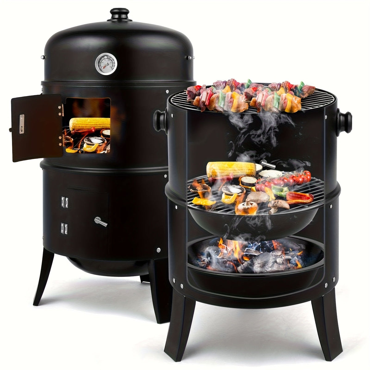 3-in-1 Portable Charcoal Smoker Grill with Built-In Thermometer – BBQ Grill, Smoker &amp; Fire Pit