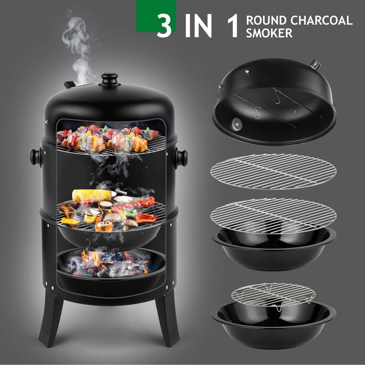3-in-1 Portable Charcoal Smoker Grill with Built-In Thermometer – BBQ Grill, Smoker &amp; Fire Pit