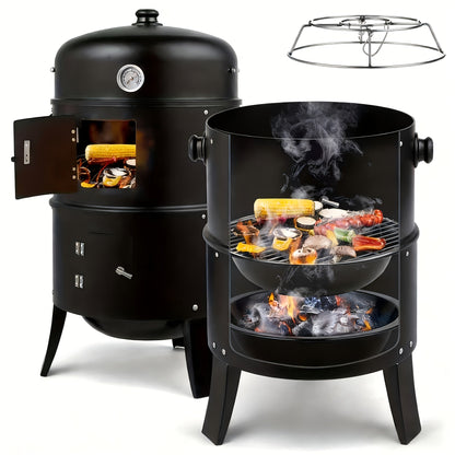 3-in-1 Portable Charcoal Smoker Grill with Built-In Thermometer – BBQ Grill, Smoker &amp; Fire Pit