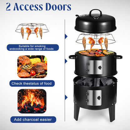 3-in-1 Portable Charcoal Smoker Grill with Built-In Thermometer – BBQ Grill, Smoker &amp; Fire Pit