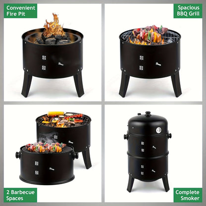 3-in-1 Portable Charcoal Smoker Grill with Built-In Thermometer – BBQ Grill, Smoker &amp; Fire Pit