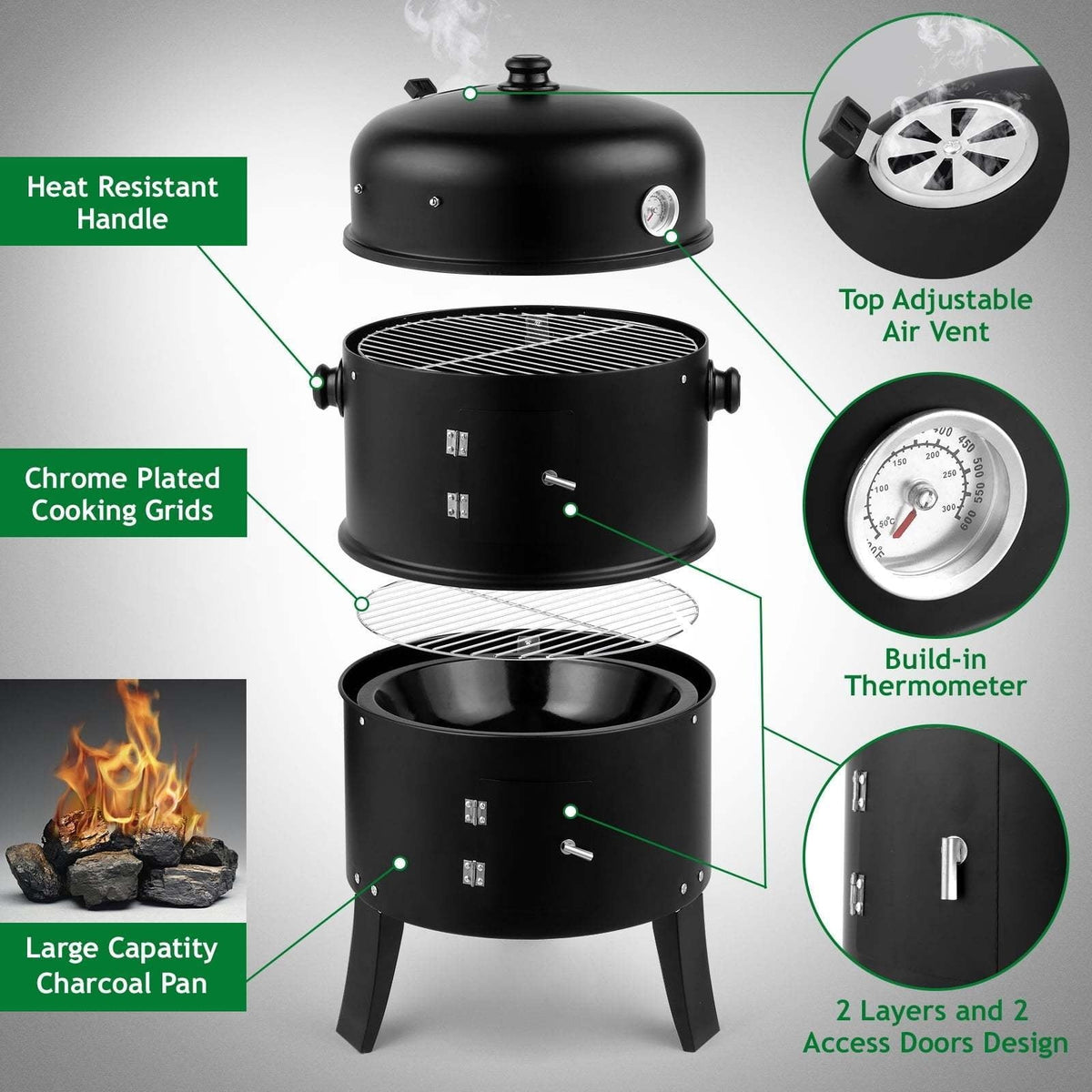 3-in-1 Portable Charcoal Smoker Grill with Built-In Thermometer – BBQ Grill, Smoker &amp; Fire Pit