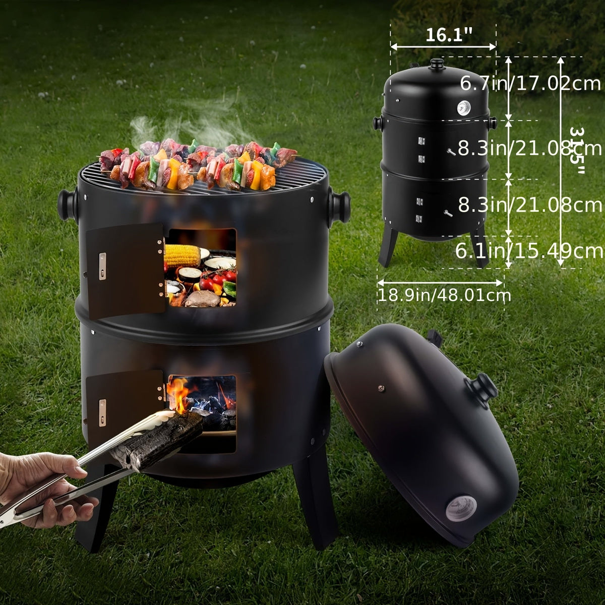 3-in-1 Portable Charcoal Smoker Grill with Built-In Thermometer – BBQ Grill, Smoker &amp; Fire Pit