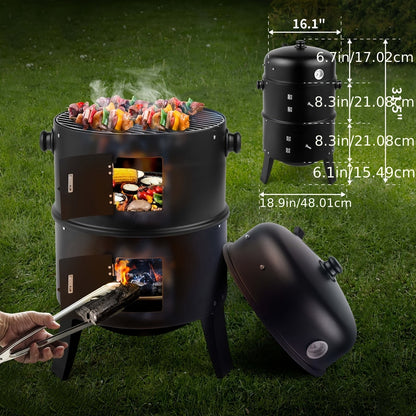 3-in-1 Portable Charcoal Smoker Grill with Built-In Thermometer – BBQ Grill, Smoker &amp; Fire Pit