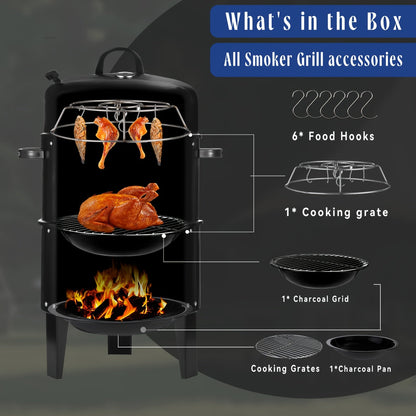 3-in-1 Portable Charcoal Smoker Grill with Built-In Thermometer – BBQ Grill, Smoker &amp; Fire Pit