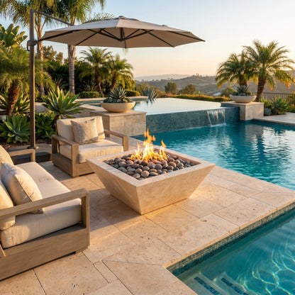 Miletos Ivory Travertine Natural Stone Fire Pit – 24-Inch Square
