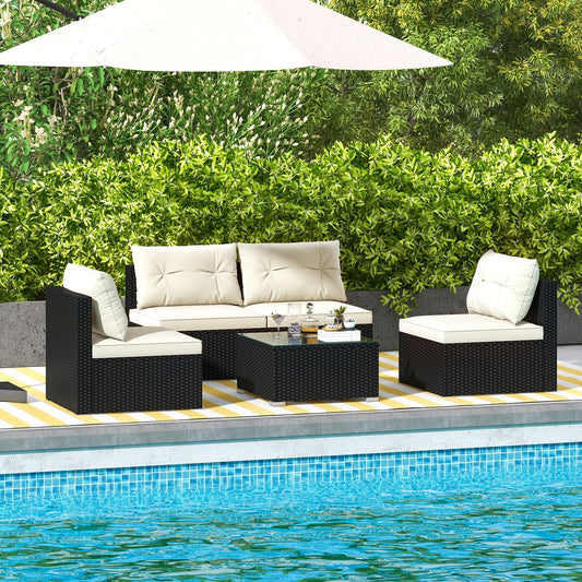 5-Piece Black PE Wicker Outdoor Patio Conversation Set with Cushions & Coffee Table