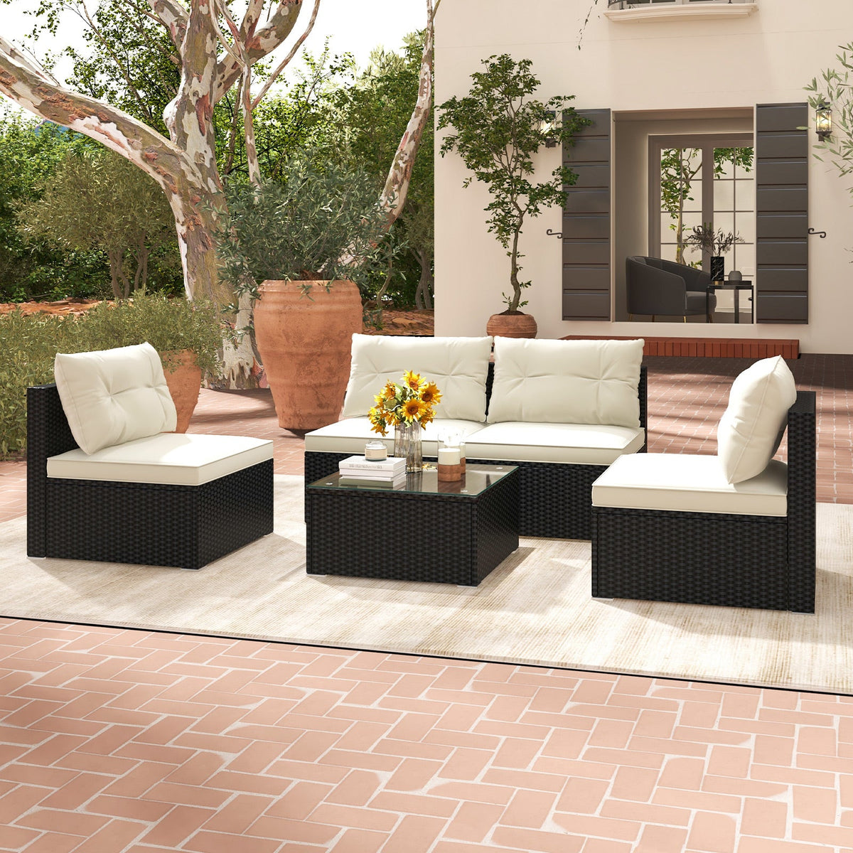 5-Piece Black PE Wicker Outdoor Patio Conversation Set with Cushions & Coffee Table
