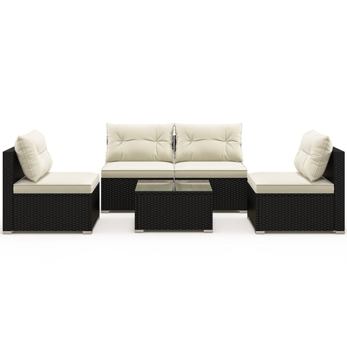 5-Piece Black PE Wicker Outdoor Patio Conversation Set with Cushions & Coffee Table
