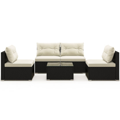 5-Piece Black PE Wicker Outdoor Patio Conversation Set with Cushions & Coffee Table