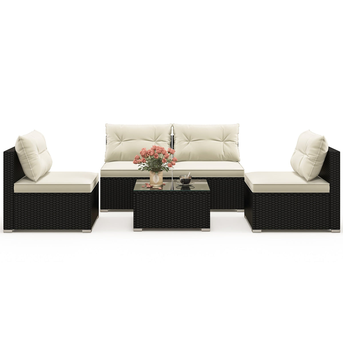 5-Piece Black PE Wicker Outdoor Patio Conversation Set with Cushions & Coffee Table
