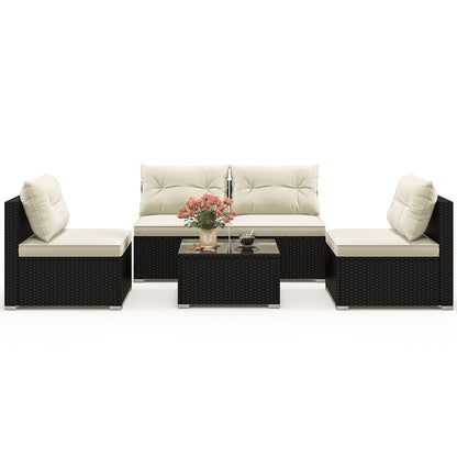 5-Piece Black PE Wicker Outdoor Patio Conversation Set with Cushions & Coffee Table