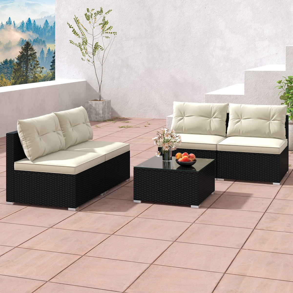 5-Piece Black PE Wicker Outdoor Patio Conversation Set with Cushions & Coffee Table