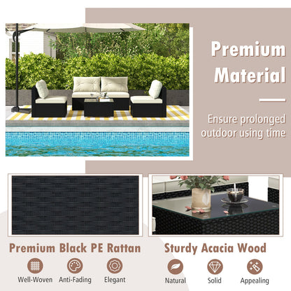 5-Piece Black PE Wicker Outdoor Patio Conversation Set with Cushions & Coffee Table
