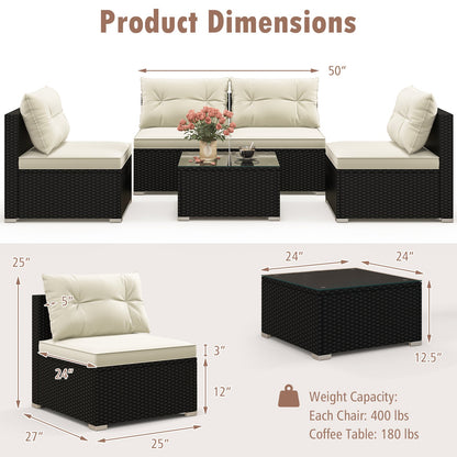 5-Piece Black PE Wicker Outdoor Patio Conversation Set with Cushions & Coffee Table