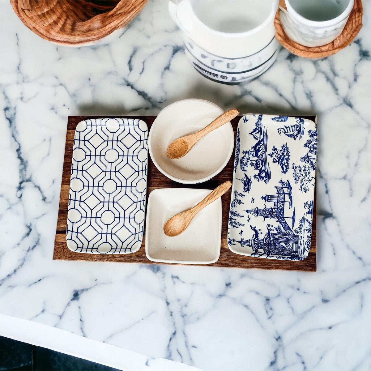 7-Piece Porcelain Serving Set with Acacia Wood Tray