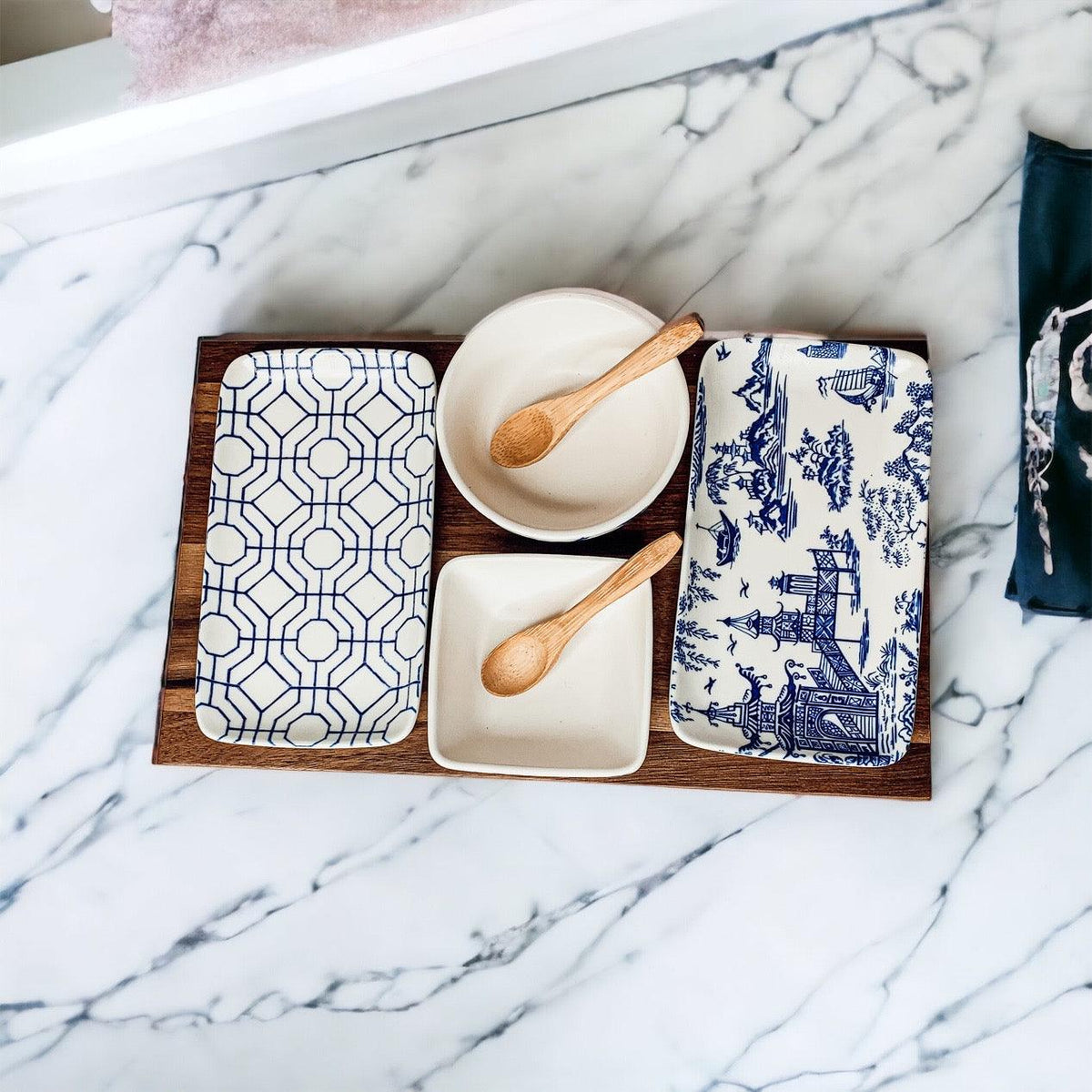 7-Piece Porcelain Serving Set with Acacia Wood Tray