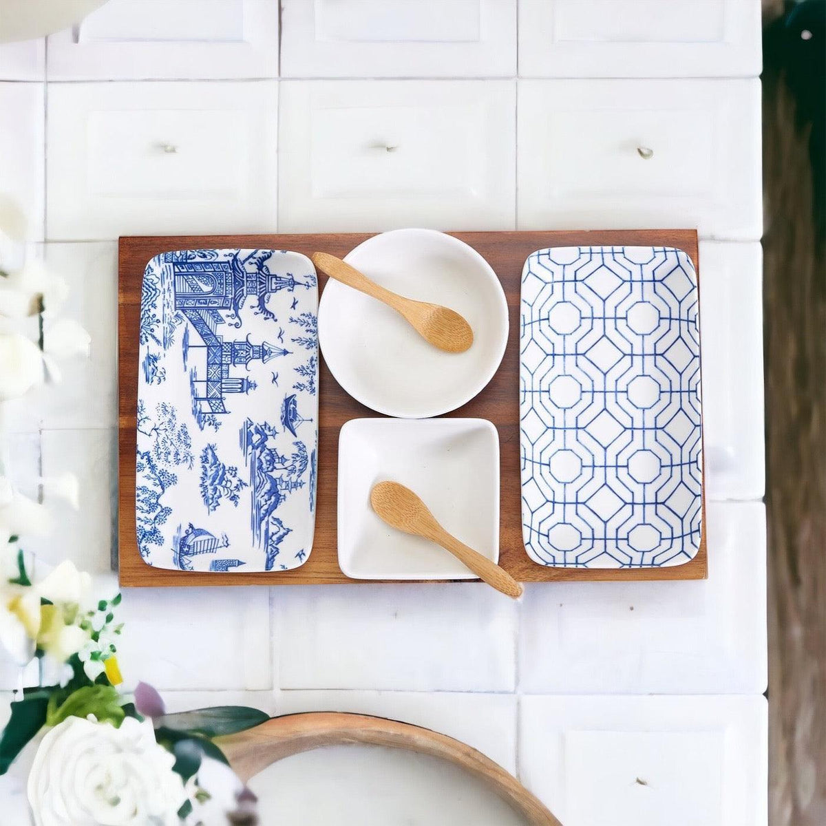 7-Piece Porcelain Serving Set with Acacia Wood Tray