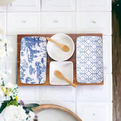 7-Piece Porcelain Serving Set with Acacia Wood Tray