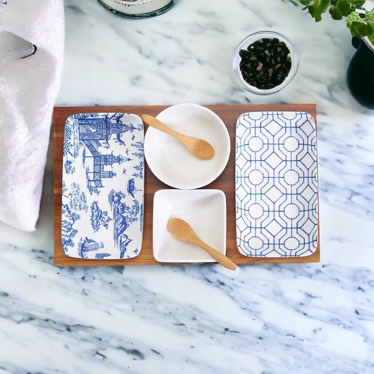 7-Piece Porcelain Serving Set with Acacia Wood Tray