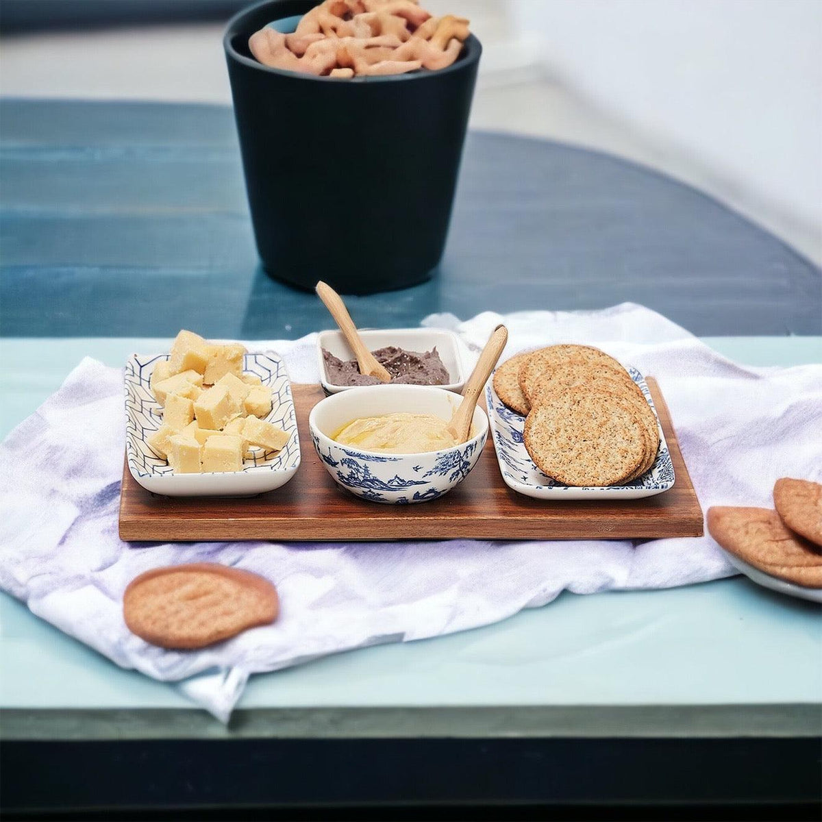7-Piece Porcelain Serving Set with Acacia Wood Tray