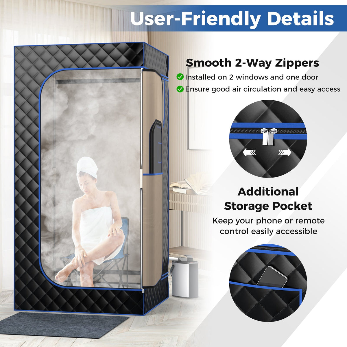 Portable Home Steam Sauna with 3L Steam Generator & Folding Chair-Black
