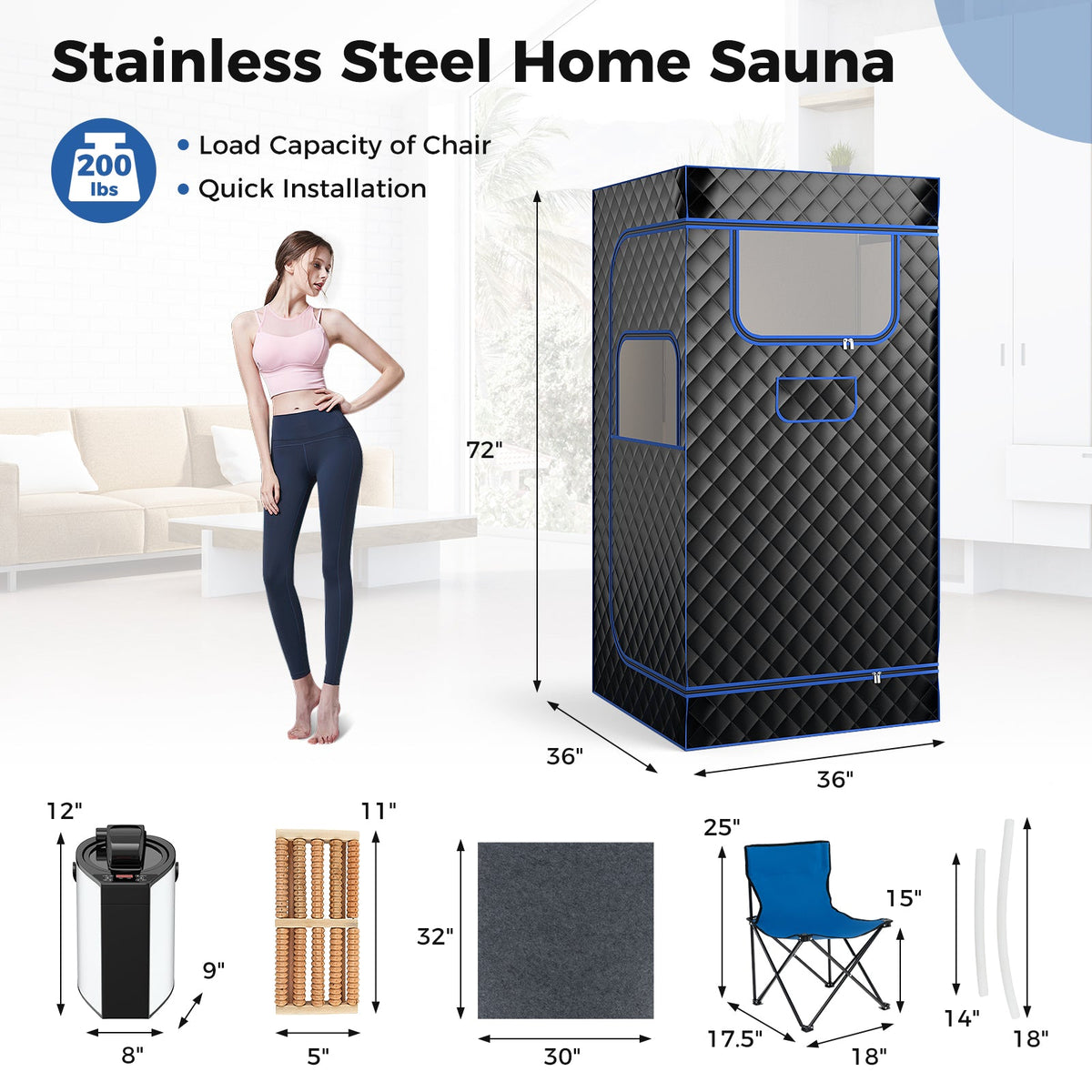 Portable Home Steam Sauna with 3L Steam Generator & Folding Chair-Black