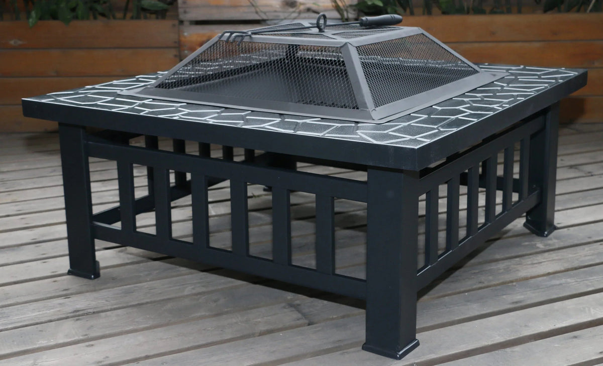 18-Inch Square Metal Fire Pit with Mesh Screen &amp; Poker