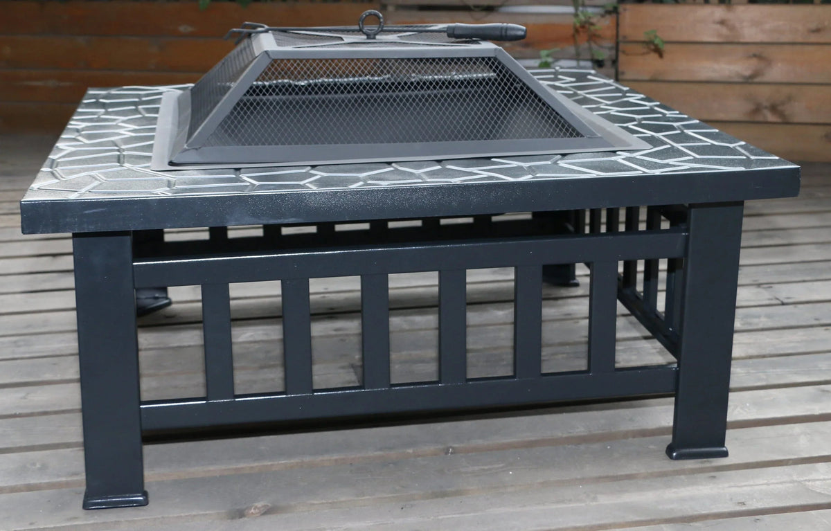 18-Inch Square Metal Fire Pit with Mesh Screen &amp; Poker