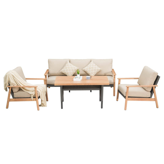 4-Piece Wood-Look Aluminum &amp; Wicker Outdoor Conversation Set – Seats 5