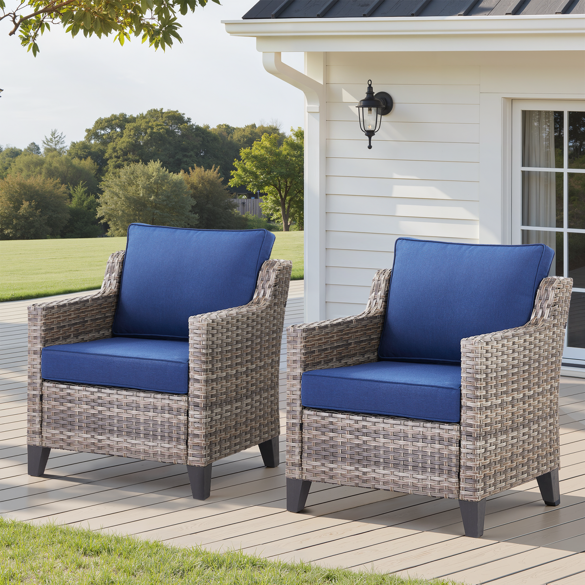 Set of 2 PE Wicker Outdoor Patio Armchairs with 4" Olefin Cushions