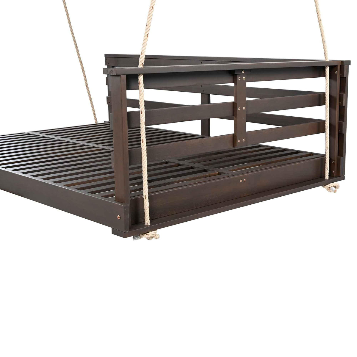 Acacia Wood Full-Size Outdoor Swing Bed with Hemp Ropes