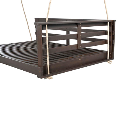 Acacia Wood Full-Size Outdoor Swing Bed with Hemp Ropes