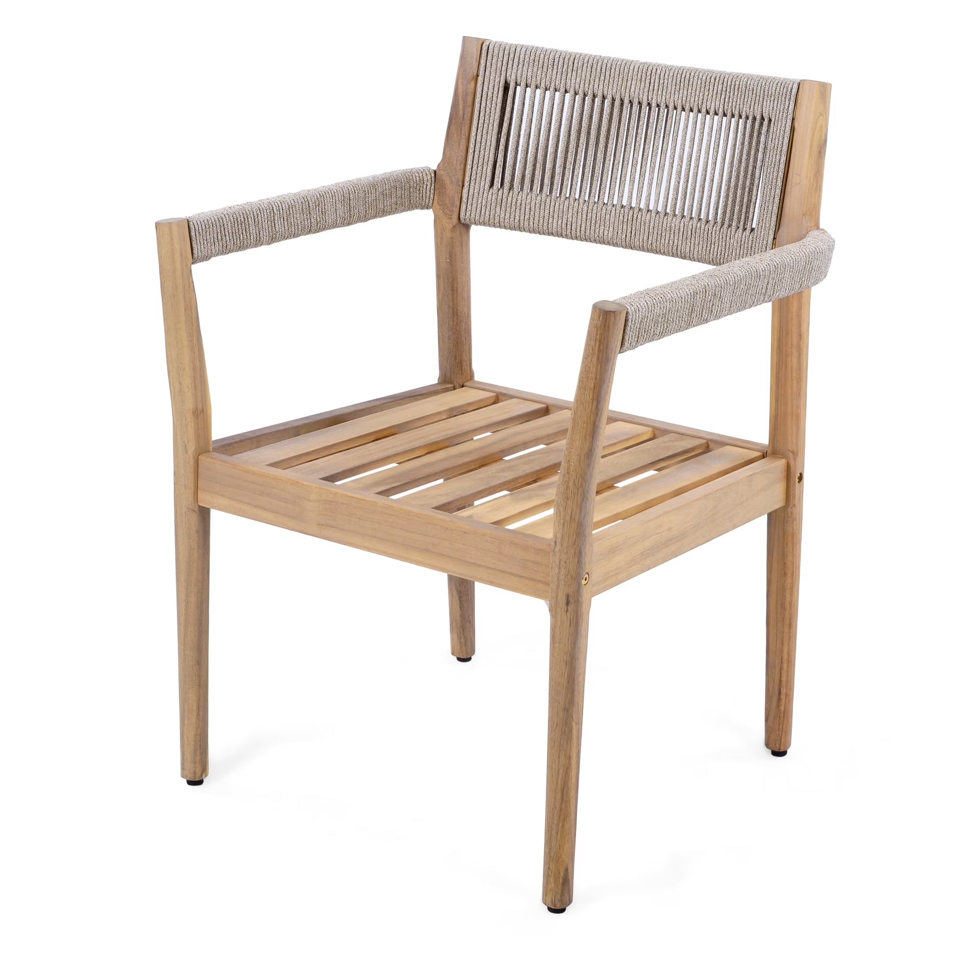 5-Piece Outdoor Patio Dining Table Set with Rope Armchairs & Navy Cushions, Light Teak+Beige