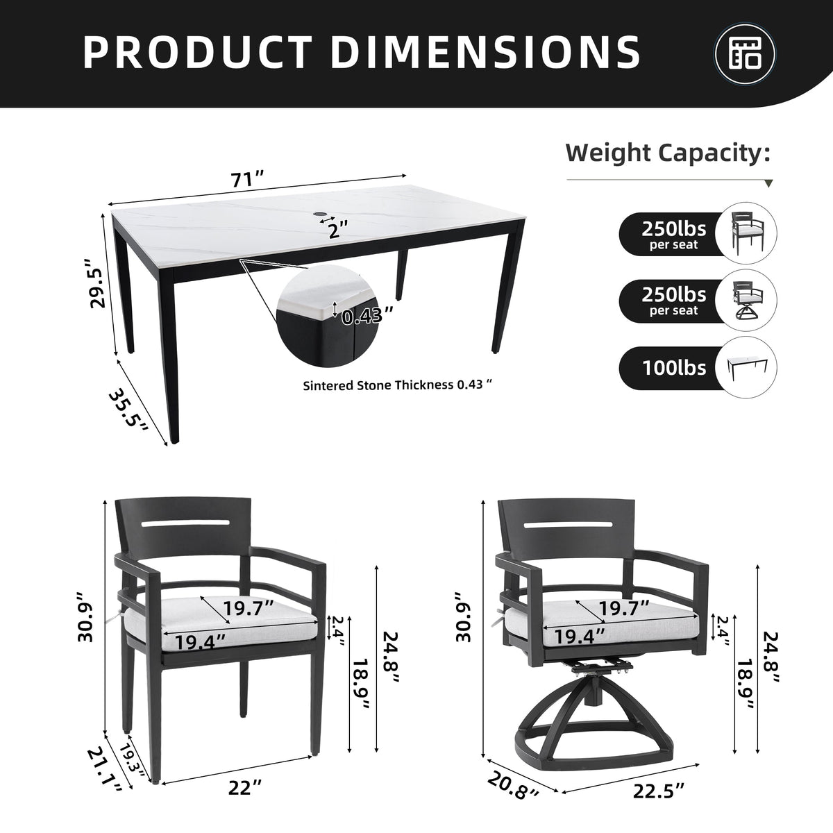 Modern 7-Piece Aluminum Outdoor Dining Set with Sintered Stone Table &amp; Sunbrella® Cushions