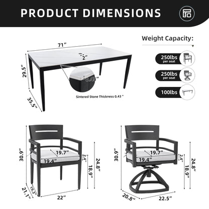 Modern 7-Piece Aluminum Outdoor Dining Set with Sintered Stone Table &amp; Sunbrella® Cushions