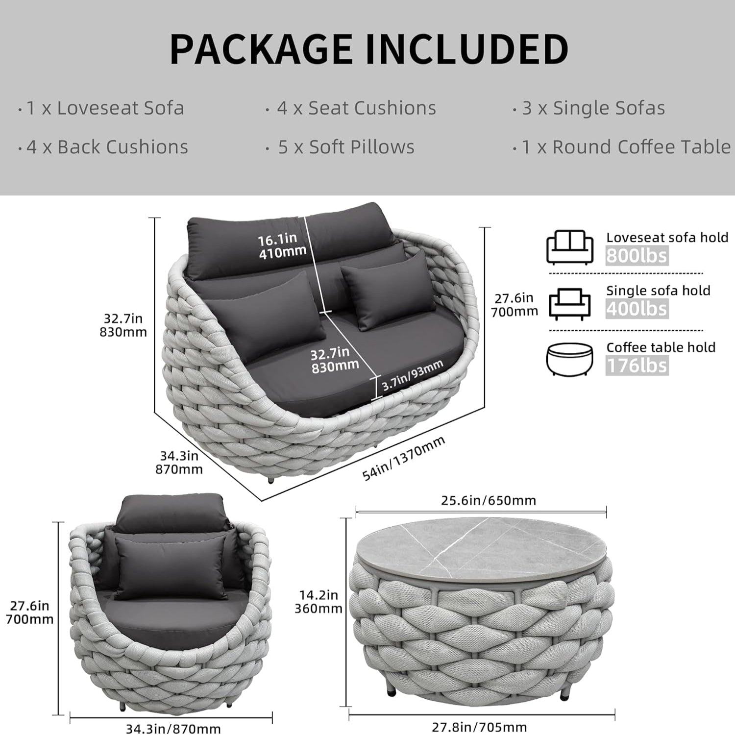 6-Piece Aluminum Patio Furniture Set, Olefin Rope Modern Outdoor Conversation Set Sectional Sofa with Water Repellent Thick Cushions and Coffee Table for Balcony, Garden, Light Grey