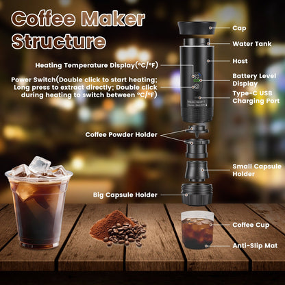 20 Bar Cordless Self-Heating Portable Battery-Powered Espresso Maker