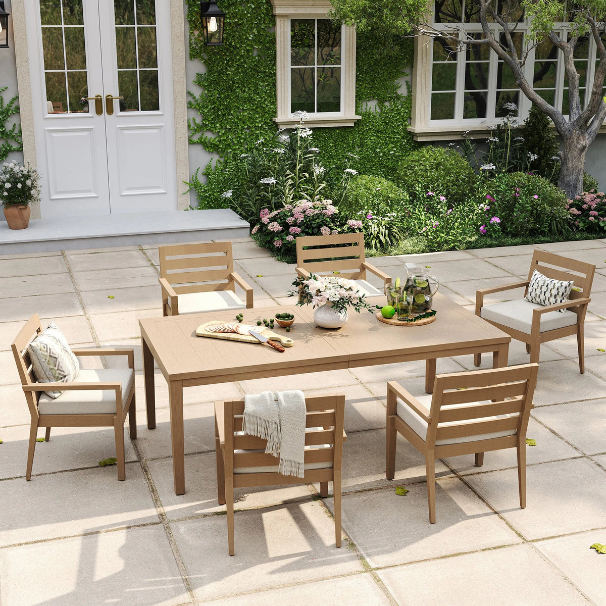 Alcudia Rectangular Patio Dining Table with 6 Classic Stationary Armchairs