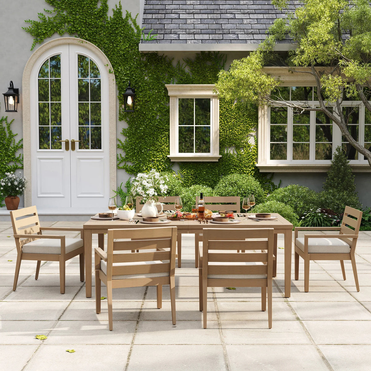 Alcudia Rectangular Patio Dining Table with 6 Classic Stationary Armchairs