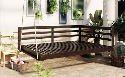 Acacia Wood Full-Size Outdoor Swing Bed with Hemp Ropes