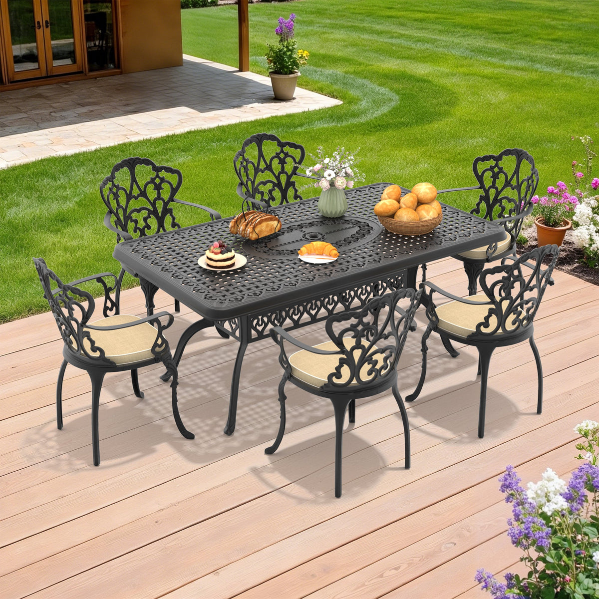 7-Piece Elegant Cast Aluminum Outdoor Dining Set with Cushions – Seats 6