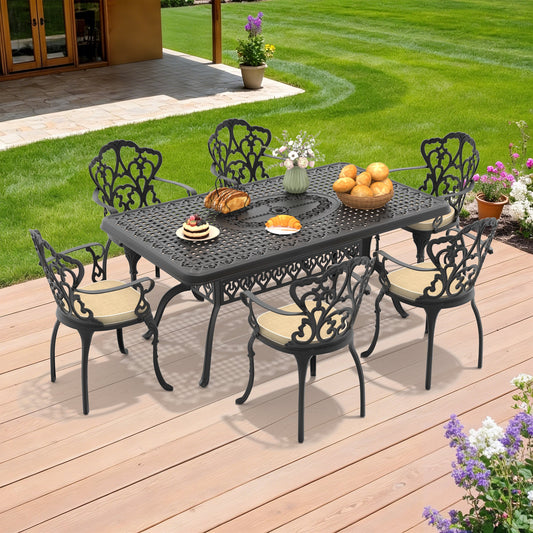 7-Piece Elegant Cast Aluminum Outdoor Dining Set with Cushions – Seats 6