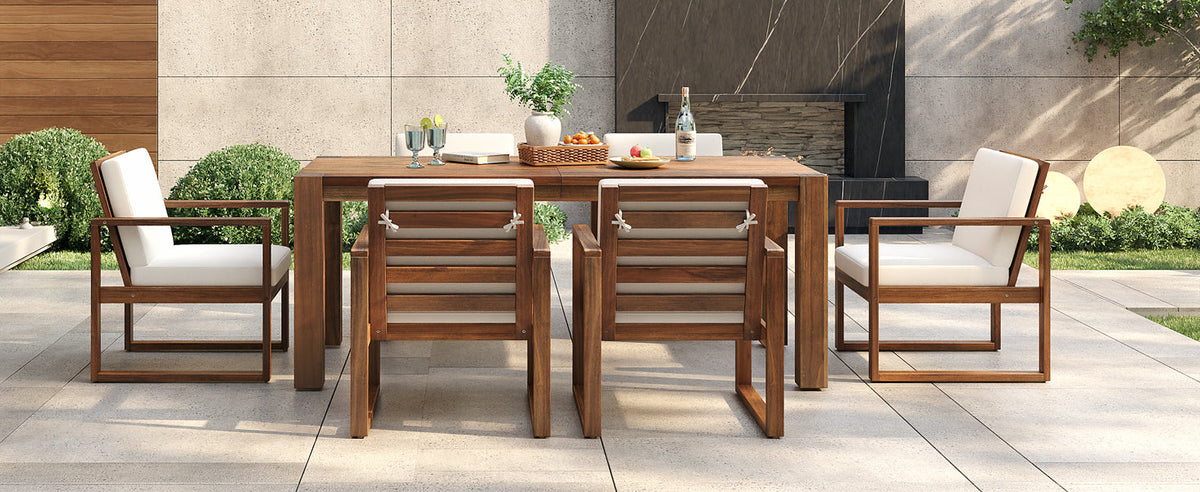 7-Piece Acacia Wood Outdoor Dining Set with Bench Seating &amp; Cushions