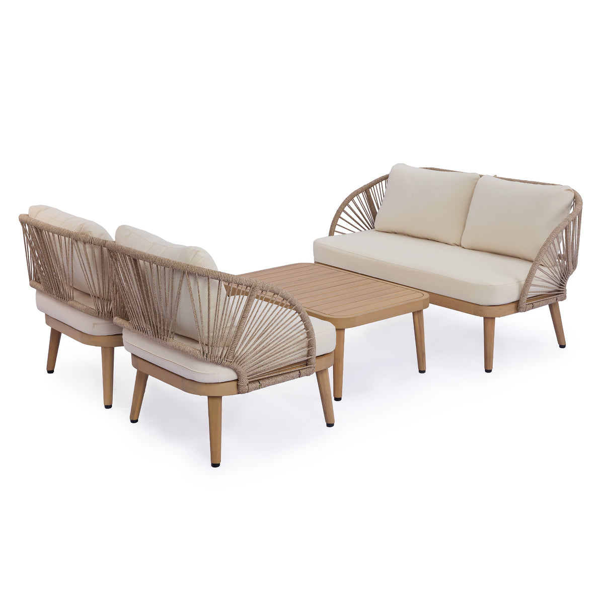 4-Piece Sculptured Seating Acacia Wood & Handwoven Rope Outdoor Conversation Set