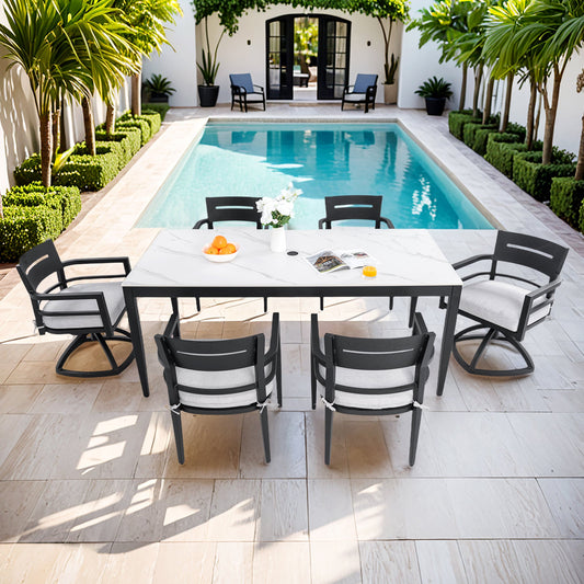 Modern 7-Piece Aluminum Outdoor Dining Set with Sintered Stone Table &amp; Sunbrella® Cushions