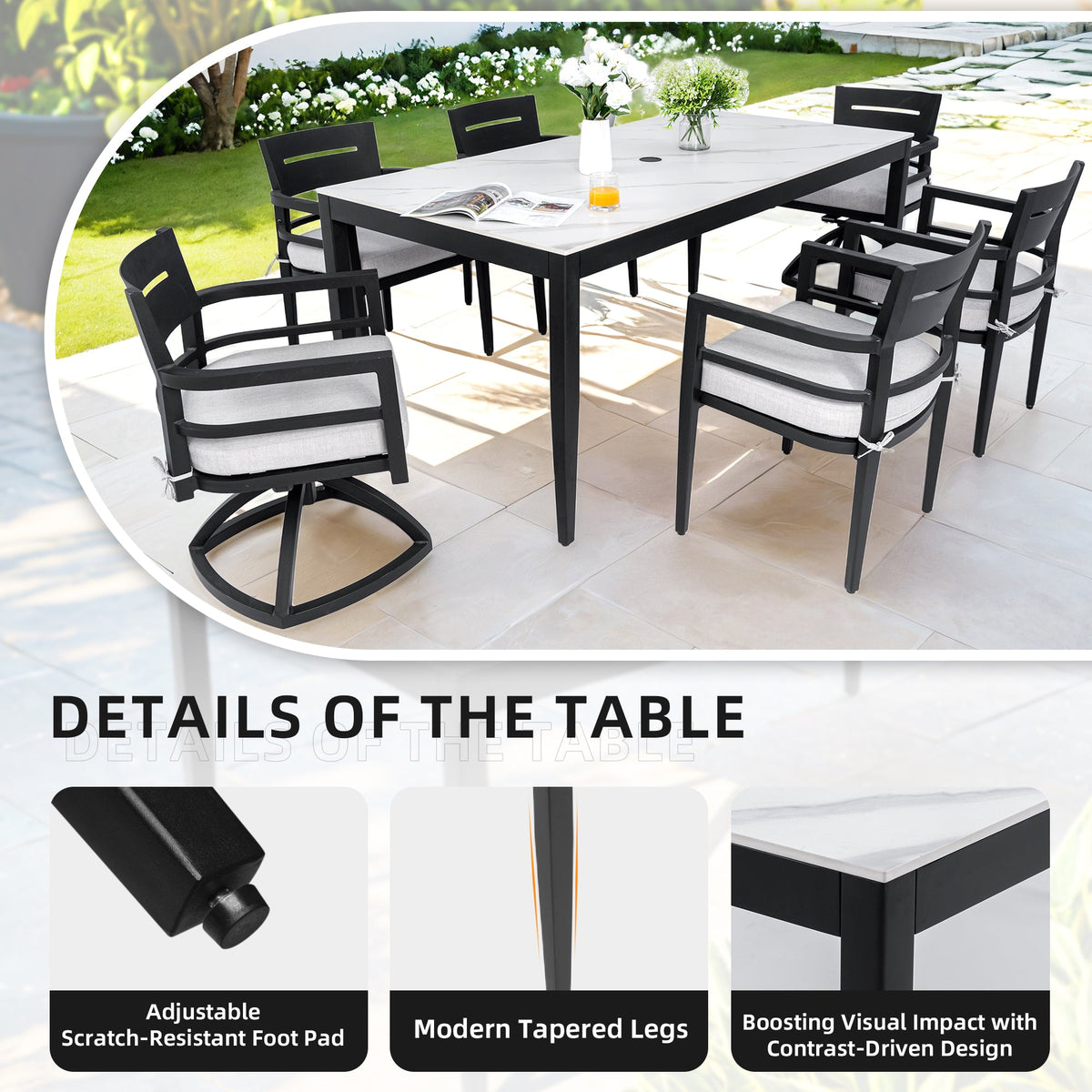 Modern 7-Piece Aluminum Outdoor Dining Set with Sintered Stone Table &amp; Sunbrella® Cushions