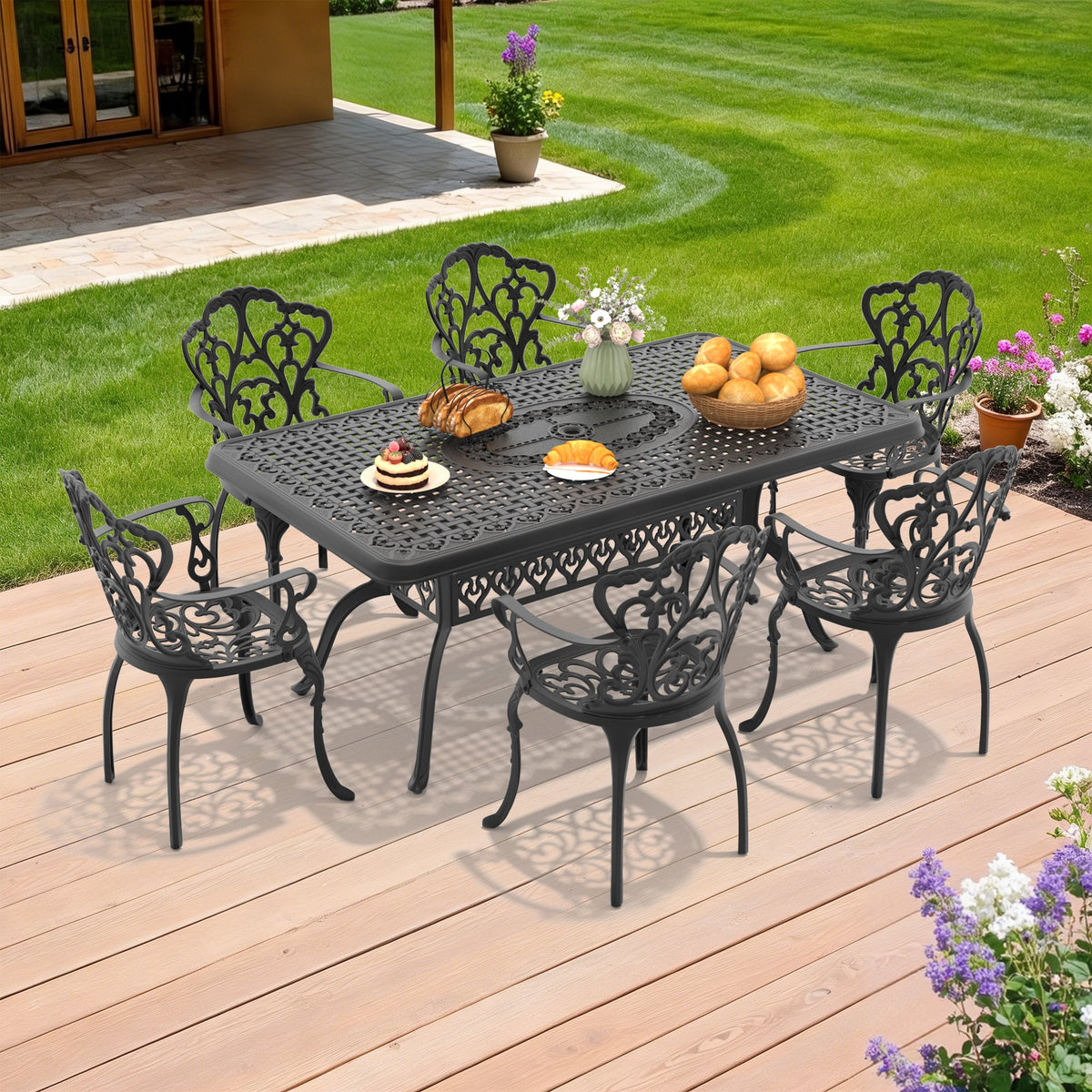 7-Piece Elegant Cast Aluminum Outdoor Dining Set with Cushions – Seats 6